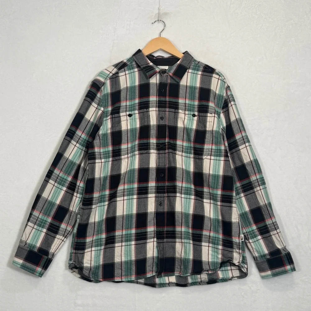 The North Face Black White Teal Plaid Flannel Button Down Shirt XL
